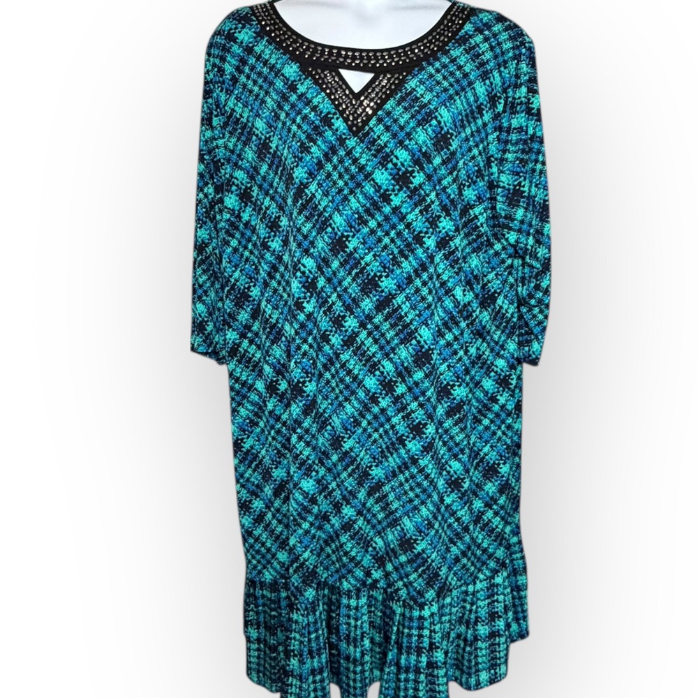 Catherines 4X Plus Size Turquoise Black Plaid‎ Beaded Neckline Dress Ruffle Hem